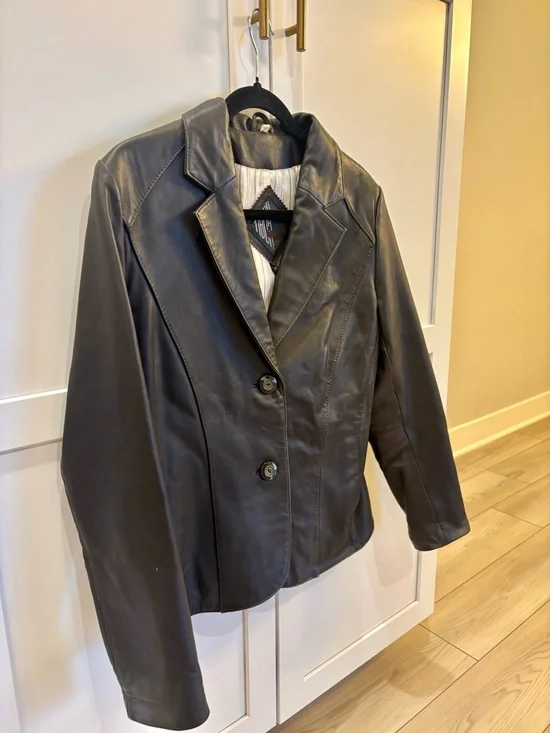 Medium Women's Dark Brown/Black Genuine Leather Blazer Jacket - Picture 6 of 9